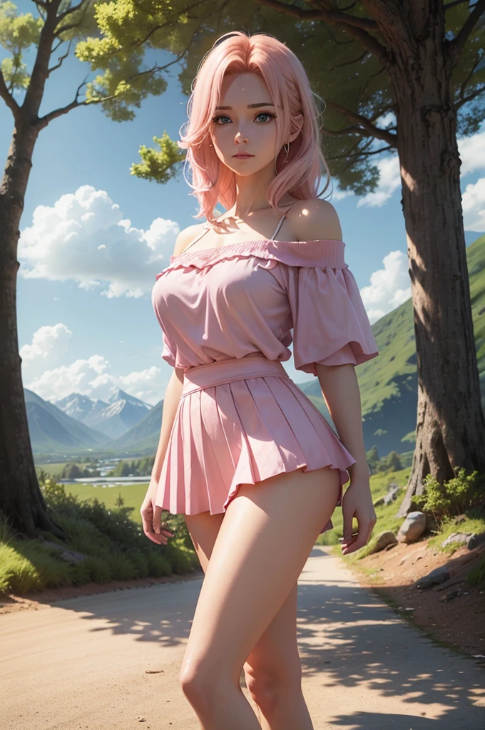 A 3D render of a realistic anime-style medium shot of a young woman with pink and blond hair and blond highlights. She is wearing a short skirt and a bright shimmering pink off-shoulder shirt. The woman has large, blue eyes. She is standing outdoors under a tree. The background is a serene landscape with mountains, trees, and a body of water. The lighting is soft, with a few shadows.