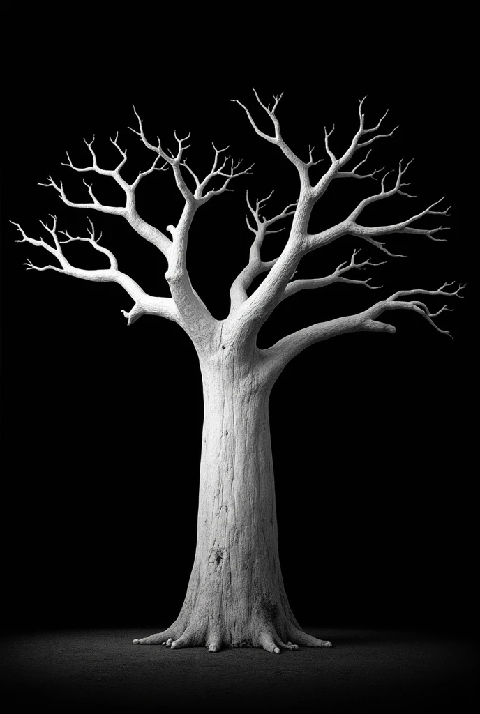 "Generate a highly realistic, monochromatic image of a Baobab tree (Adansonia spp.) with a thick, prominent trunk. The tree should have a stark white color, contrasting sharply with the pitch-black background. The trunk is wide and textured, with the characteristic swollen appearance of a Baobab, and the branches are thick and extend outward, creating a powerful silhouette. The lighting should highlight the rough texture of the bark, casting subtle shadows to emphasize the tree's massive, ancient presence. The entire scene is set in an empty, black background, with no other elements present, allowing the Baobab to stand out as the sole focus of the image."
