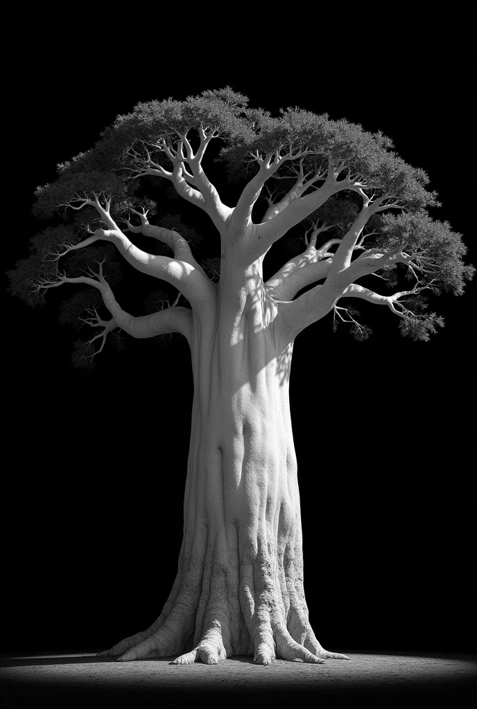 "Generate a highly realistic, monochromatic image of a Baobab tree (Adansonia spp.) with a thick, prominent trunk. The tree should have a stark white color, contrasting sharply with the pitch-black background. The trunk is wide and textured, with the characteristic swollen appearance of a Baobab, and the branches are thick and extend outward, creating a powerful silhouette. The lighting should highlight the rough texture of the bark, casting subtle shadows to emphasize the tree's massive, ancient presence. The entire scene is set in an empty, black background, with no other elements present, allowing the Baobab to stand out as the sole focus of the image."
