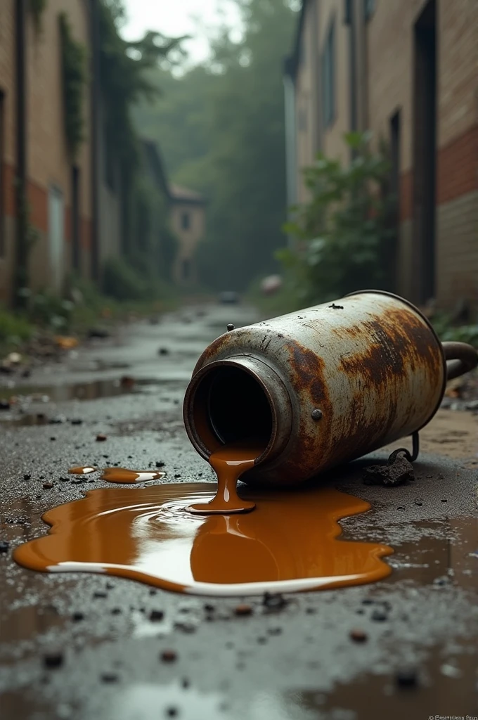 A gasoline can spilling gasoline on the ground