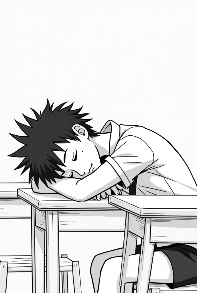 Black and white 2d anime age boy sleeping in classroom with spiky hair