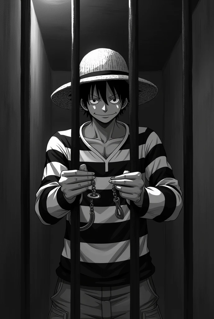 Monkey D. Luffy in a black and white striped long sleeve prison uniform with teary eyes inside a jail and handcuffed