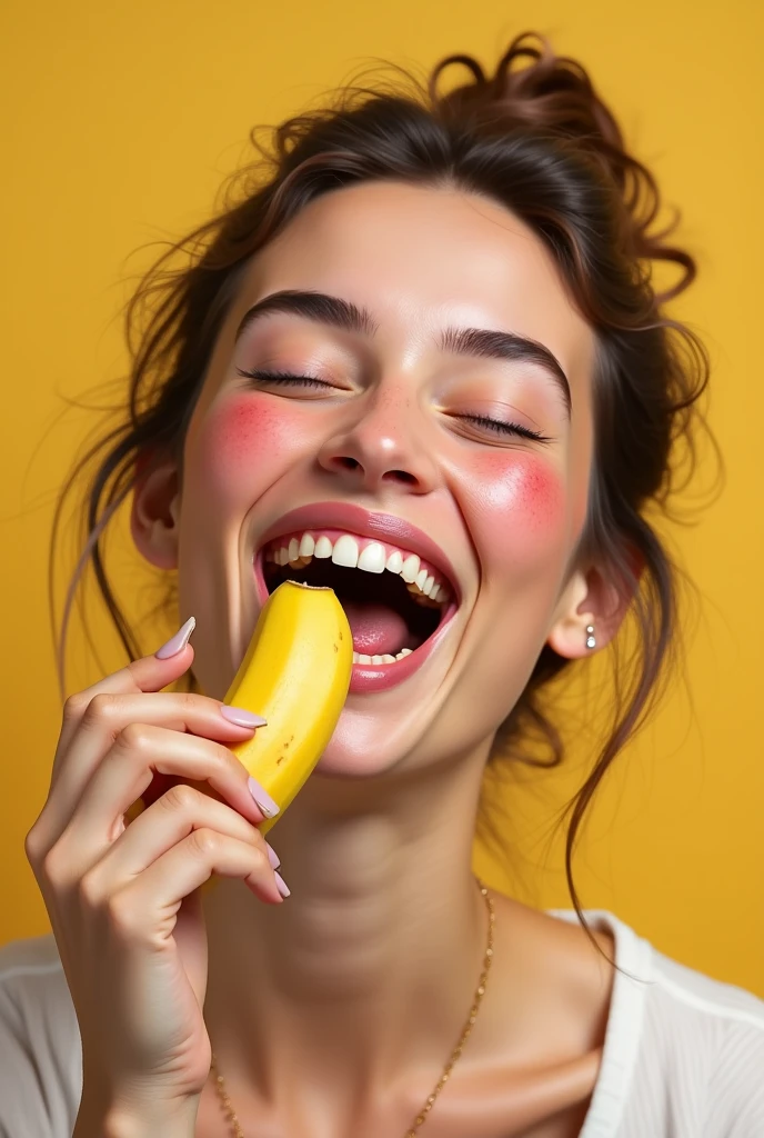 A woman eating a banana with an ecstatic expression