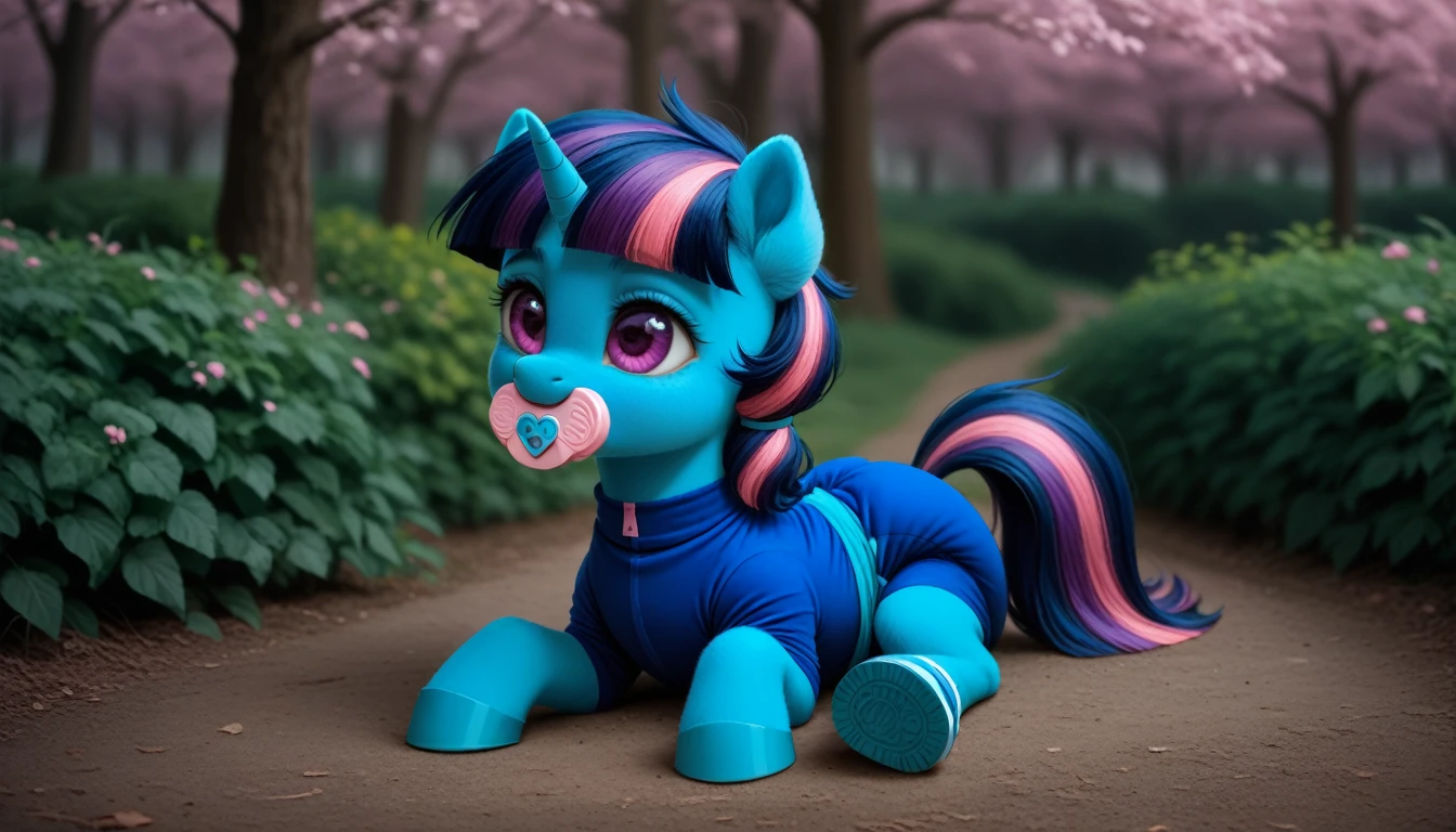 pony, Unicorn, purple wool, dark blue mane with purple streak and pink streak, the tail is dark blue with a purple strand and a pink strand, purple eyes, sitting outside, adult filly, dressed in a blue bodysuit and blue booties, blue pacifier in mouth, solo, thick diaper under clothes.