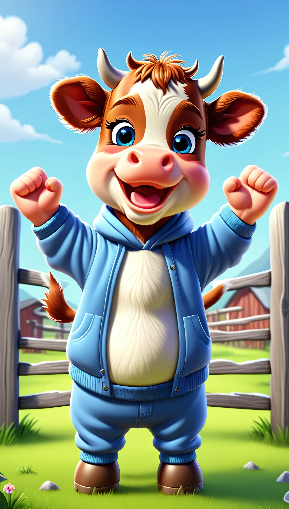 cute cow, cartoon , clothes, arms up, hands ,cute eyes, looking at viewer, cow ears, fence, lean, realistic, cold, clothes
