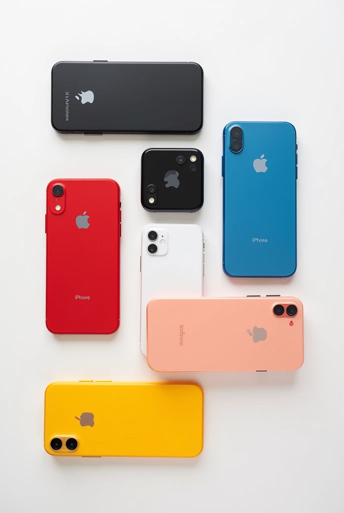 six standart iphone xr with black, white, red, blue, yellow, and coral colors in white background, included logo and iphone writing.