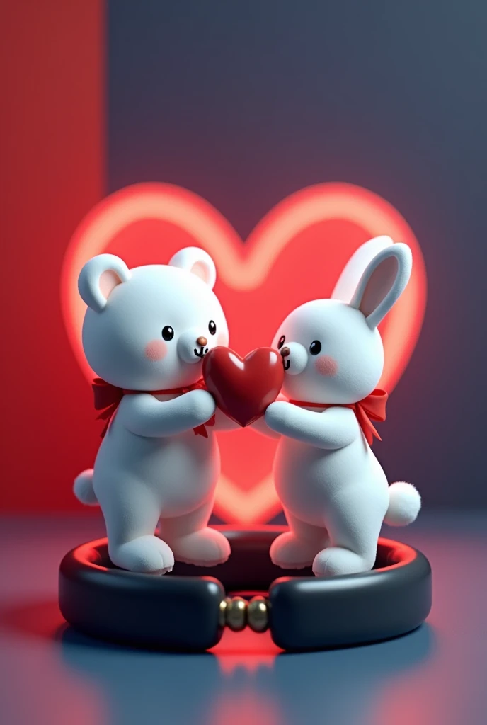 A 3D render of a white teddy bear and a white bunny rabbit wearing a red bow, smiling, holding a red heart "IMAN" written on it in Capital alphabets, are standing in a black bracelet. The bracelet is sitting on a dark red and blue surface with a neon red heart shape in the background.  The image is in the style of a cute cartoon.