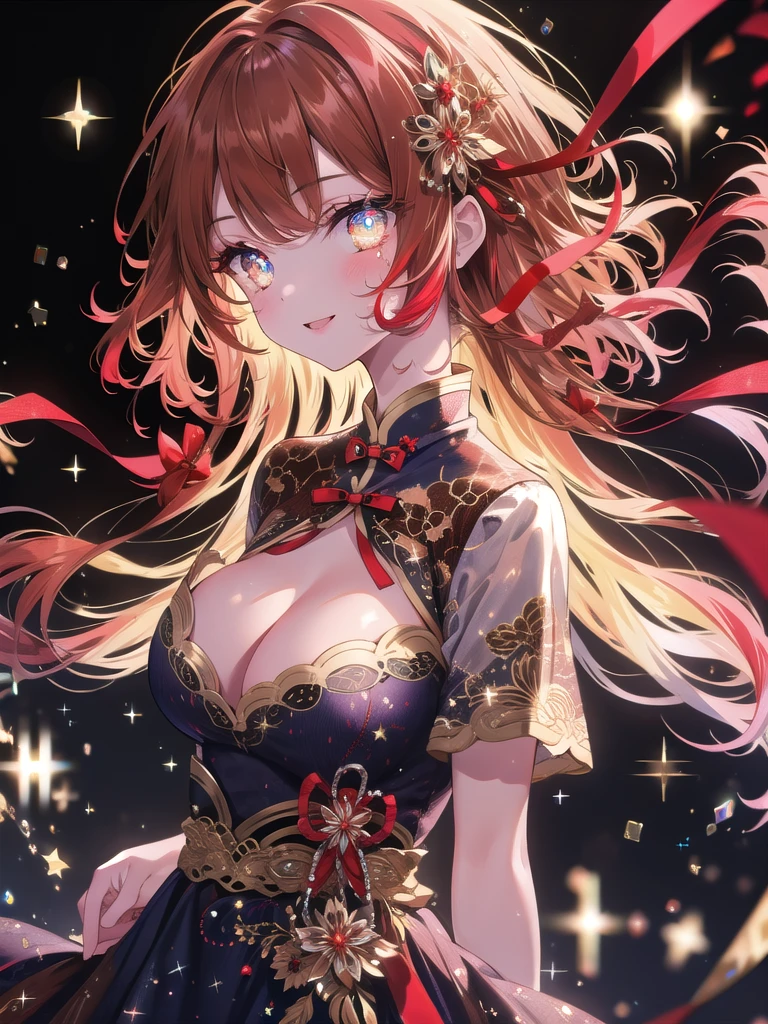 ((8k, highest quality, masterpiece: 1.3)), ultra high resolution, (1 girl, alone), (color changing eyes, super detailed, expressive sparkle, glittering, glowing eyes), highly detailed eyes, highly detailed face, medium long hair, ((big red ribbons on both sides of the hair)), ((hair color, brown)), lovely smile with upturned corners of mouth, black cheongsam, open chest revealing cleavage, front angle, composition with upper body fitting into illustration, angle from the front