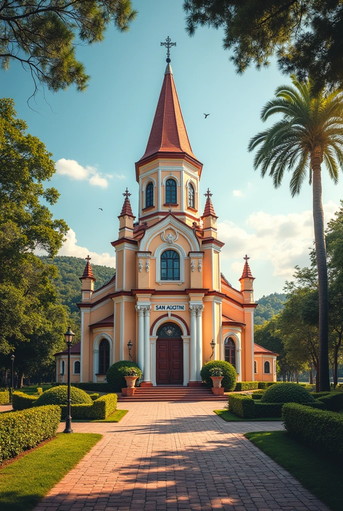 Make an agenda cover with a photo of San Agustin that in the middle says "San Agustin School" and at the bottom has the phrase "If you want to get to know a person, don't ask them what they think but what they love." "