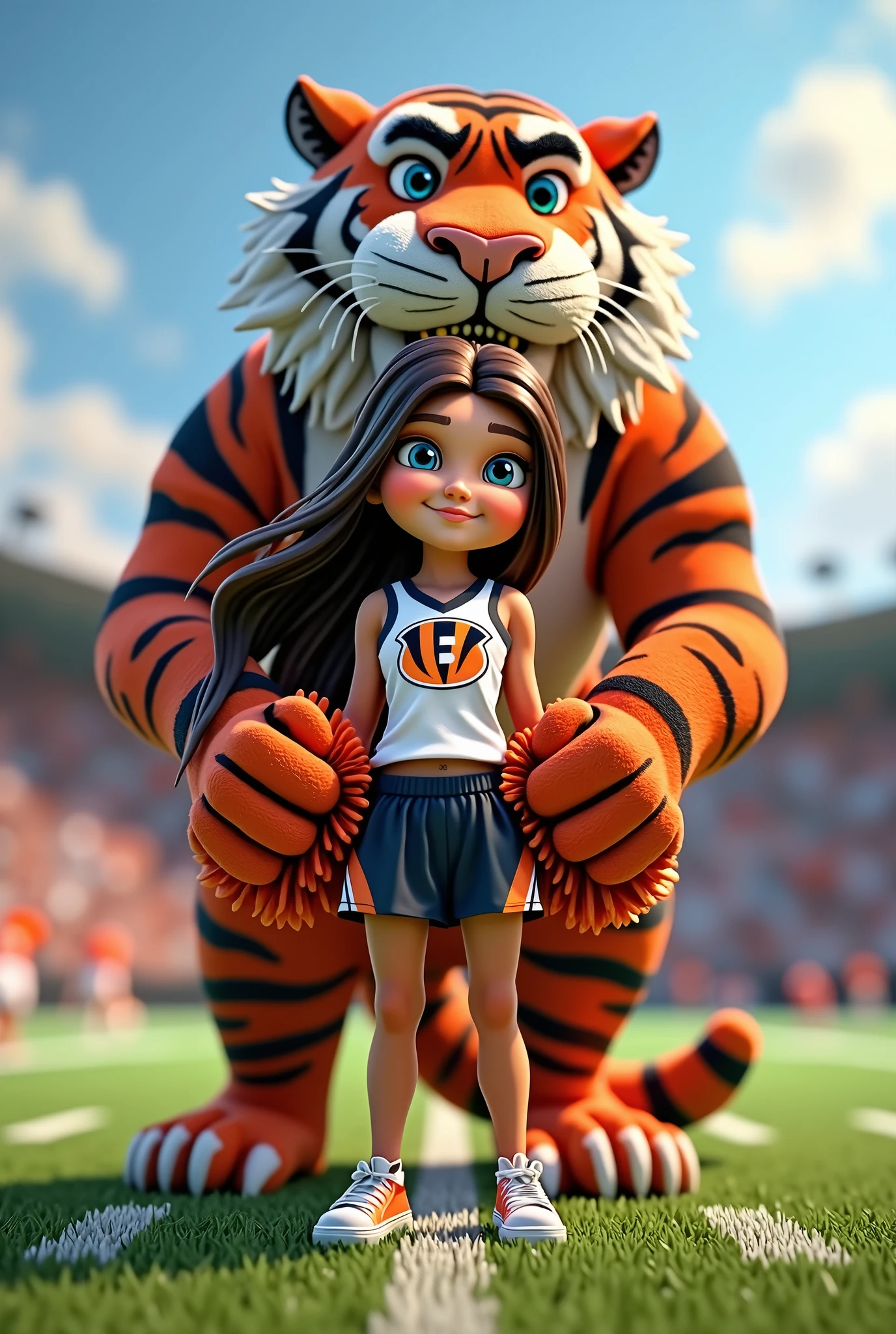 Bengals cheerleader Child with brown hair blue eyes name Grace on football field tiger