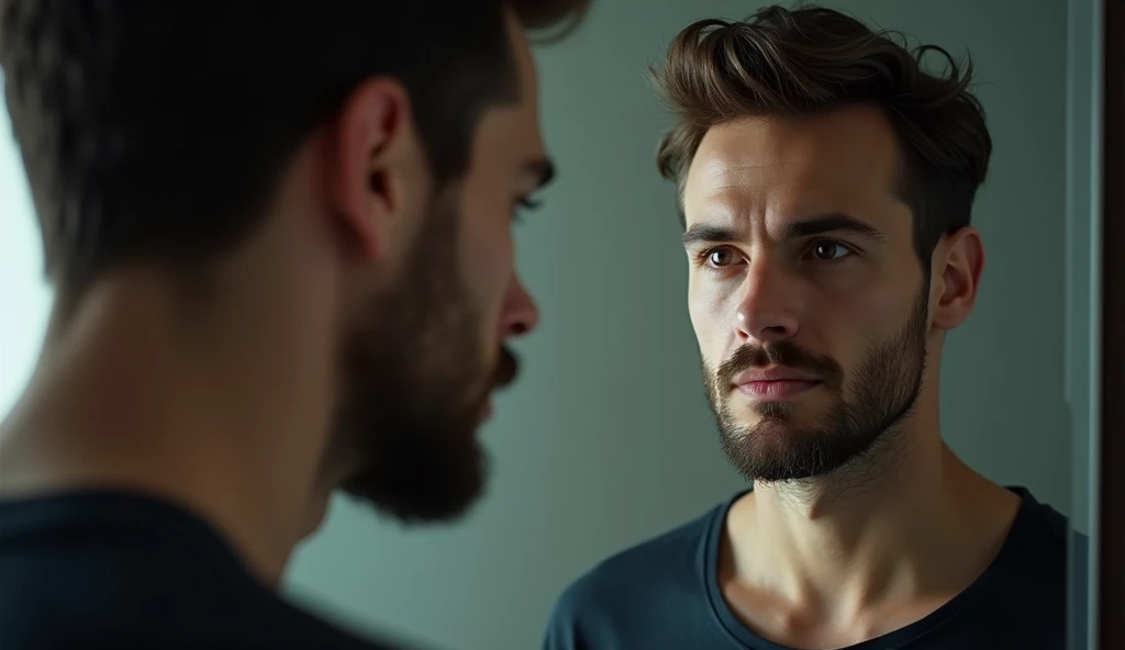 "A reflective image of a man  staring into a mirror, with a thoughtful and introspective expression. The reflection in the mirror shows a more confident, stronger version of themselves, subtly different from the real person, symbolizing inner potential. The background is softly lit to emphasize the reflection and create a contemplative atmosphere."