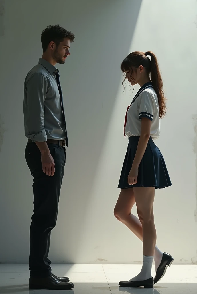 (work of art:1.2, highest quallity), 1 man alone, female school uniform, nice legs