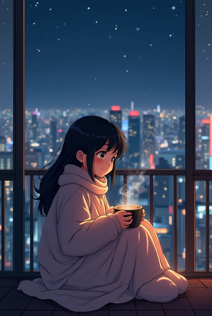 80&#39;s、anime、Balcony、Night view、girl、winter、Mug、cocoa、cute、Black Hair、Tokyo、