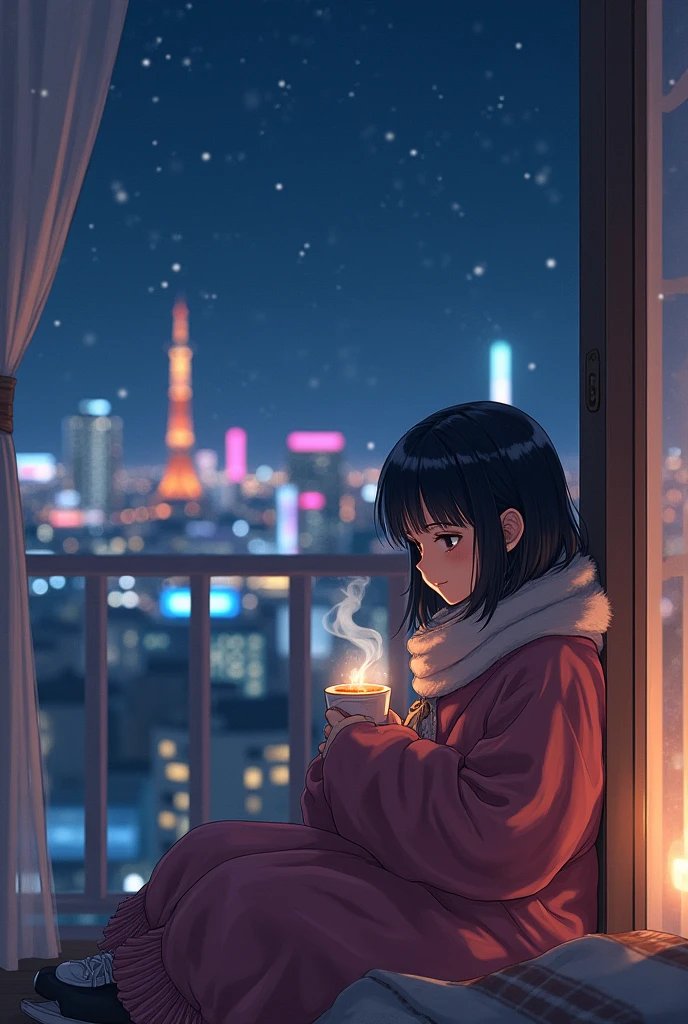 80's、anime、Balcony、Night view、girl、winter、Mug、cocoa、cute、Black Hair、Tokyo、