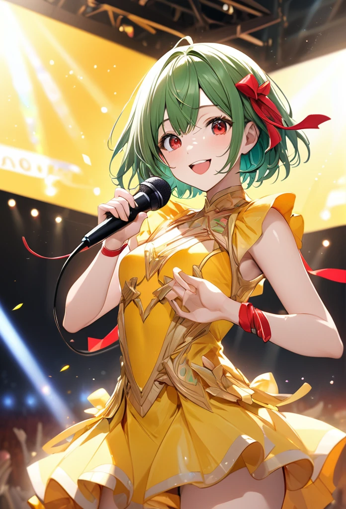 Short hair,Straight Hair、 (Red eyes:1.5), Green hair,(Small breast:1.2), BREAK looking at viewer, BREAK outside, BREAK (masterpiece:1.2), best quality, high resolution, unity 8k wallpaper, (illustration:0.8), (beautiful detailed eyes:1.6), extremely detailed face, perfect lighting, extremely detailed CG, (perfect hands, perfect anatomy)、Yellow idol costume、Microphone in right hand、Red ribbons on both wrists、Open Mouth Smile、Glittering Stage、
