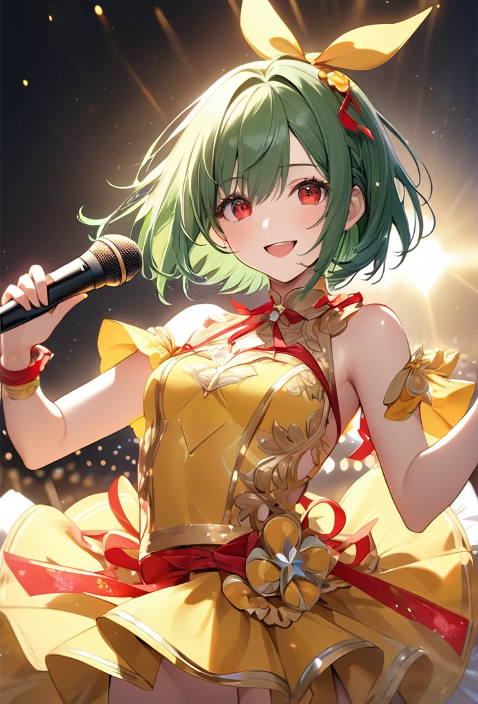 Short hair,Straight Hair、 (Red eyes:1.5),  Green hair,(Small breast:1.2), BREAK looking at viewer, BREAK outside, BREAK (masterpiece:1.2), best quality, high resolution, unity 8k wallpaper, (illustration:0.8), (beautiful detailed eyes:1.6), extremely detailed face, perfect lighting, extremely detailed CG, (perfect hands, perfect anatomy)、Yellow idol costume、Microphone in right hand、Red ribbons on both wrists、Open Mouth Smile、Glittering Stage、