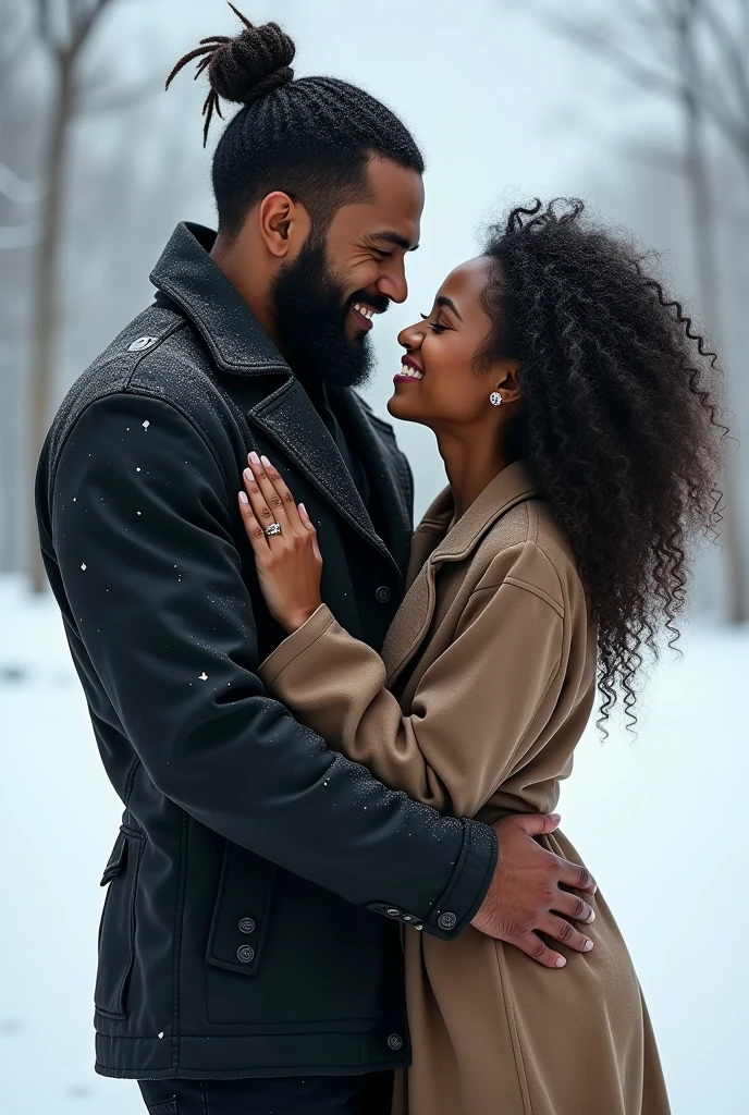A man of 1,80 cm, with light brown skin, lots of very long, curly black hair in a bun, beard a little big and well done, with small eyes, very large and strong arms and legs of a 100kg muscular athlete, strong chest and shoulders, wearing rock style clothes, black jersey, black coat and black pants in a snowy environment in the background and a happy and cheerful person's personality. This man hugs a woman with slightly darker skin and slightly smaller size 1,65 cm, with very curly and well-defined 3a style hair and a body reminiscent of a professional dancer, with a personality and expression that she loves the man very very much and that she is happy to be in his arms. The man has slightly lighter skin than the woman and is wearing a coat. The beard is a little smaller. The woman is wearing a blouse