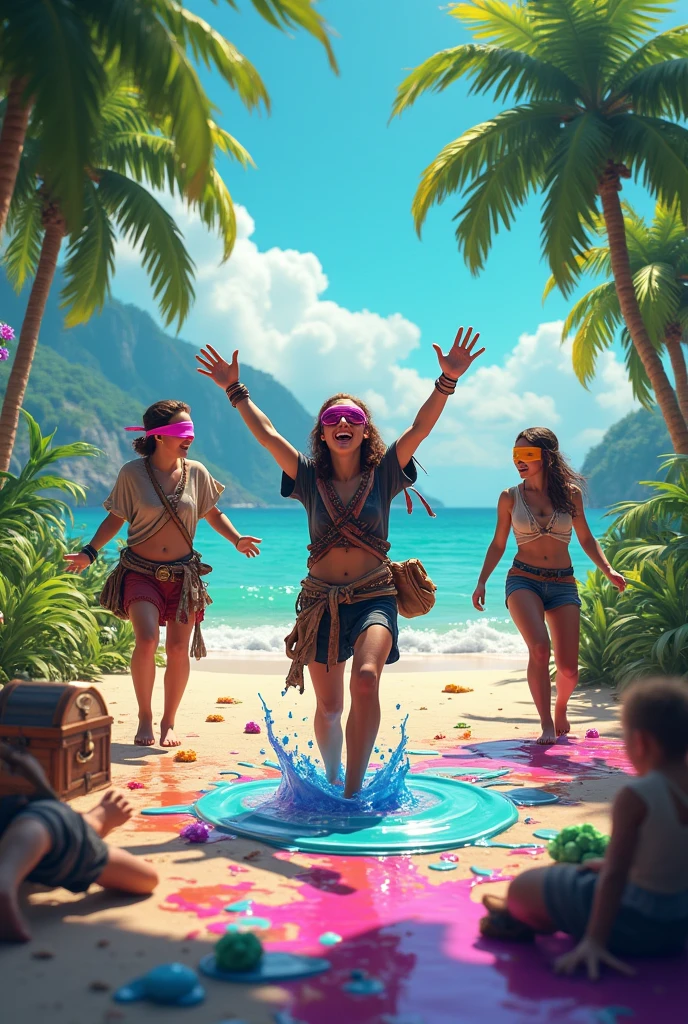 I want a picture of some blindfolded pirate students playing slime on an island
