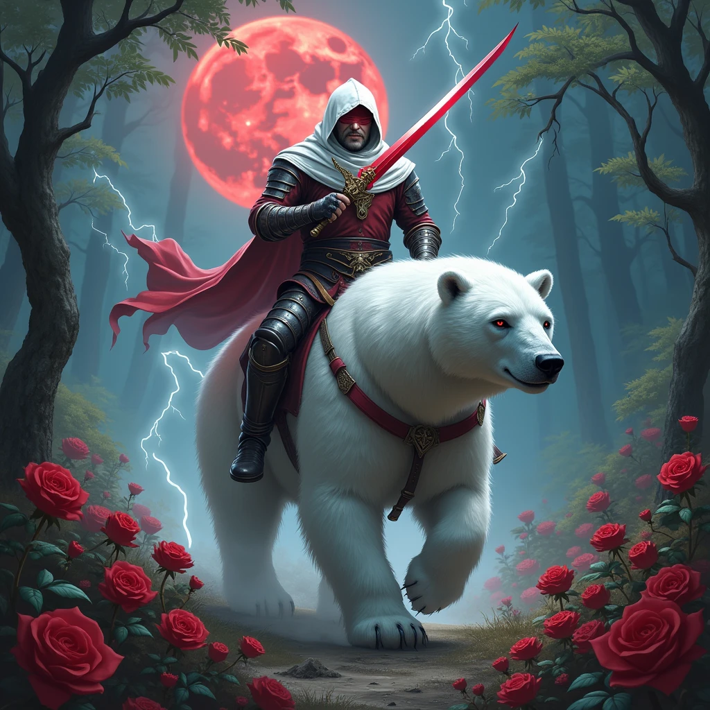 Male knight with a white hood with bear ears wielding a red double-edge sword is riding a polar bear in a forest while the moon shines, many Roses cover the ground and lightning falls from the sky. The polar bear has black eyes and an aggressive appearance, his body is covered with red black armor. Only the man wears a red blindfold. In the background of the picture is the blood moon. The forest is full of trees with leaves.