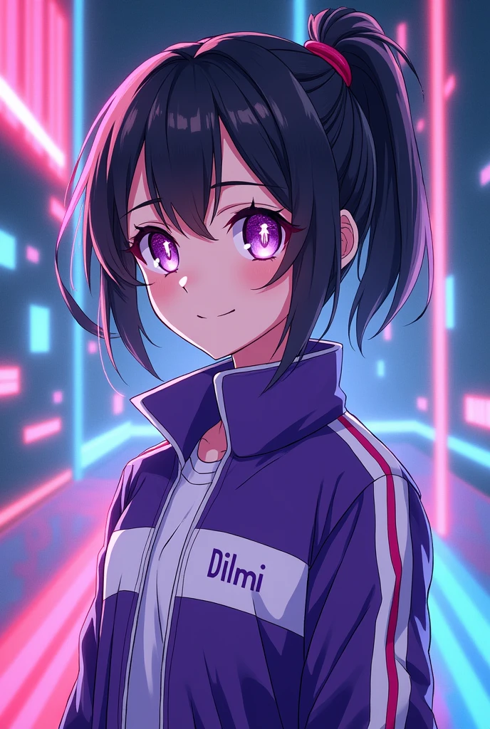 A girl is wearing a purple and white jacket and her name 'Dilmi' has written on that.  She is in a neon blackground. She has a medium size hair. She is pretty.Ponytail, Symbol-Shaped Pupils, Smile, HD, Japanese Illustration Style, Futurism, 