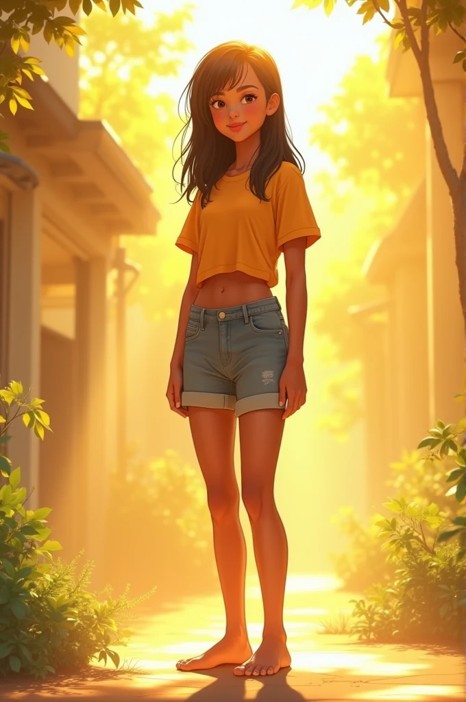 young, moreno, barefoot, straight black hair, in the sun