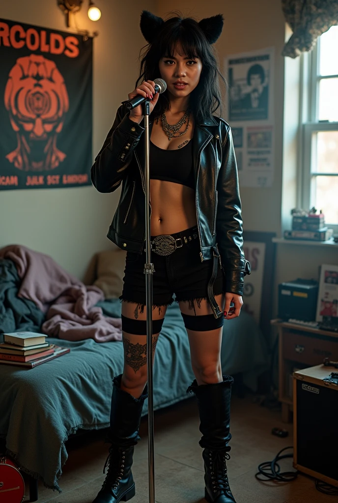 A woman dressed in punk rock is standing in a bedroom singing with a microphone.