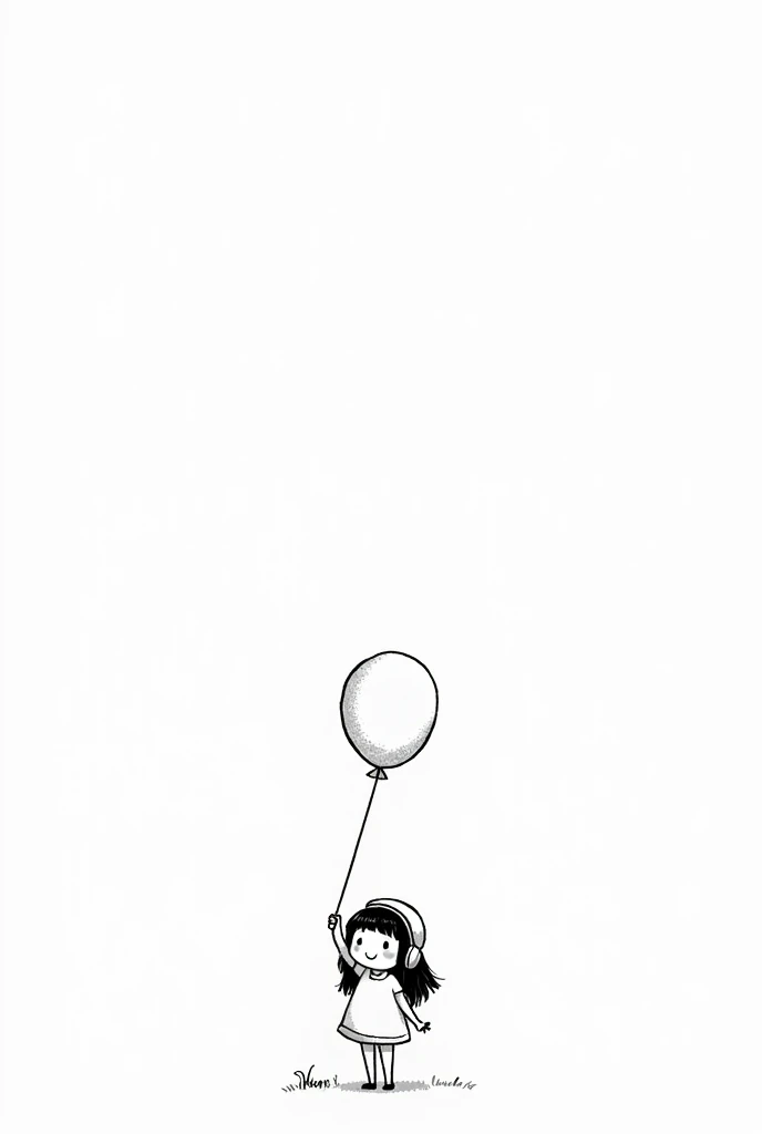 (Most of the background is solid white color.),Simple little cute cartoon girl, doodle, minimalist, black and white, , holding a balloon