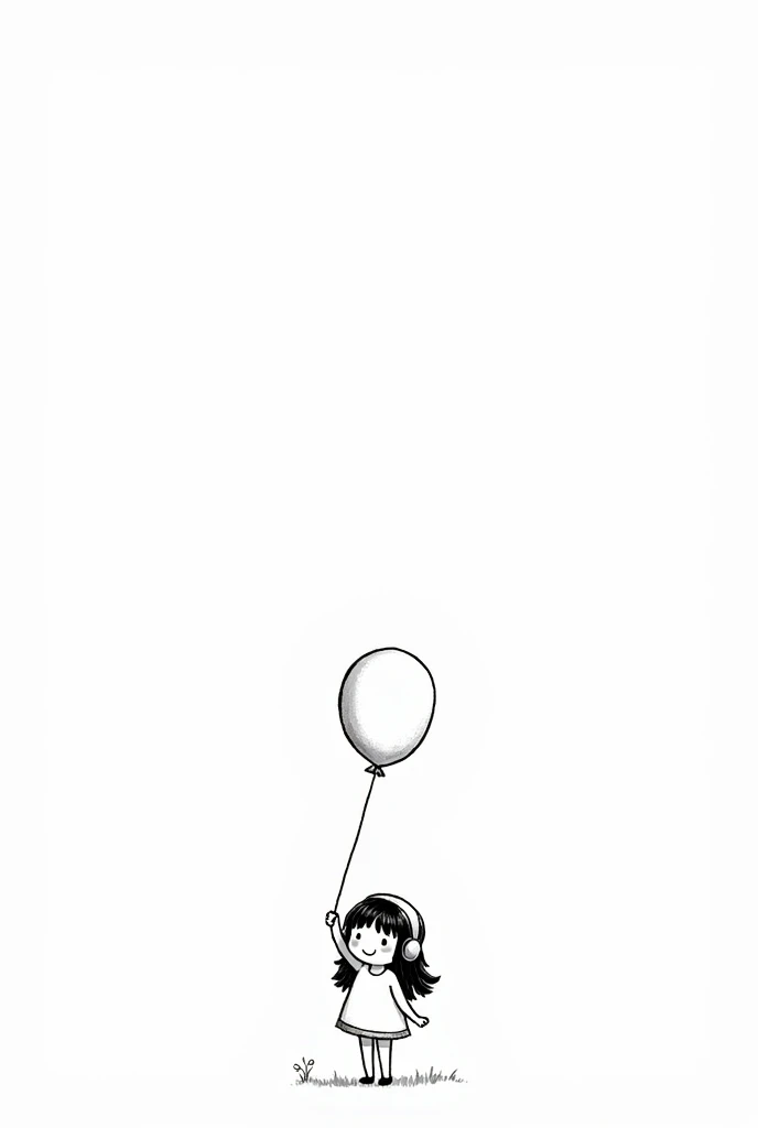 (Most of the background is solid white color.),Simple cute cartoon girl, doodle, minimalist, black and white, , holding a balloon