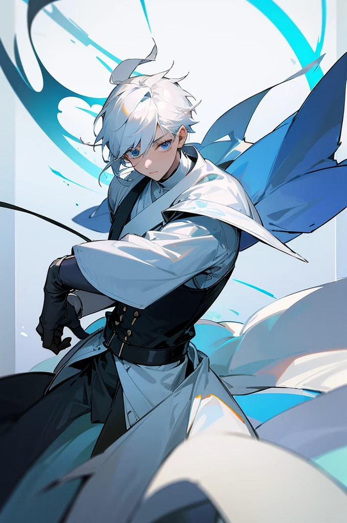 Wearing a white mask that covers the area above the nose、Holding an iron fan in both hands、Dancing with ice、A priest boy about