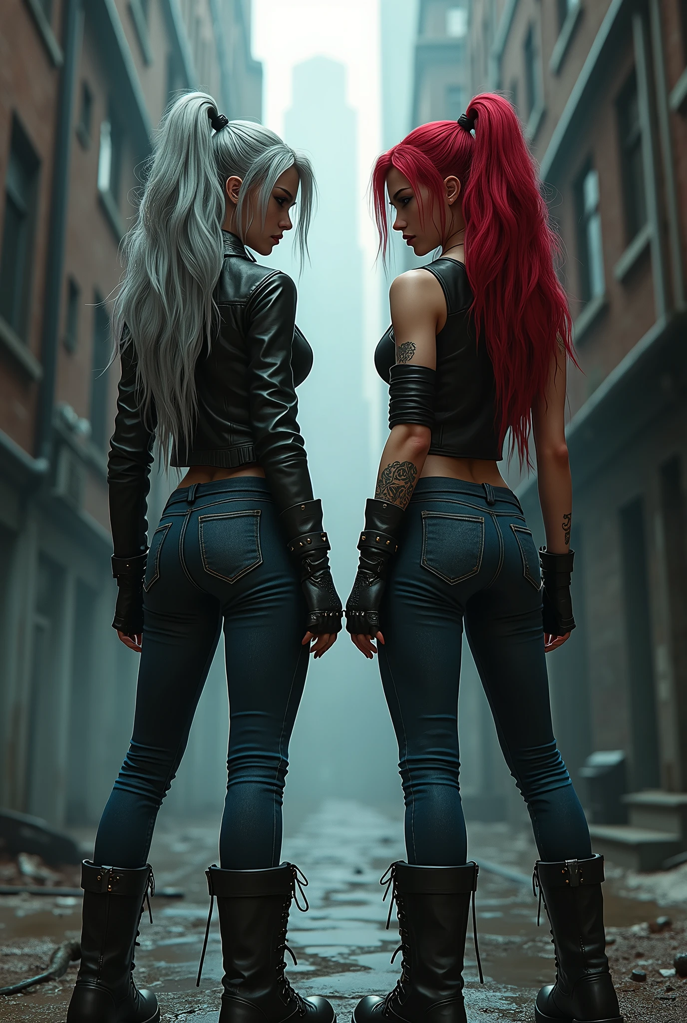 Hard Locker、Heavy Metal、Two bad girls、A tall, beautiful girl with long legs、Beautiful buttocks、Back view、Side by side、Disrespectful attitude、Leather jacket、Light grey tight denim、Black skinny pants、Hard Leather Boots、Silver Hair、Red Hair、Armament、Dispute、Dark big city backstreets、Suspicious atmosphere、sunglasses、Tattoo