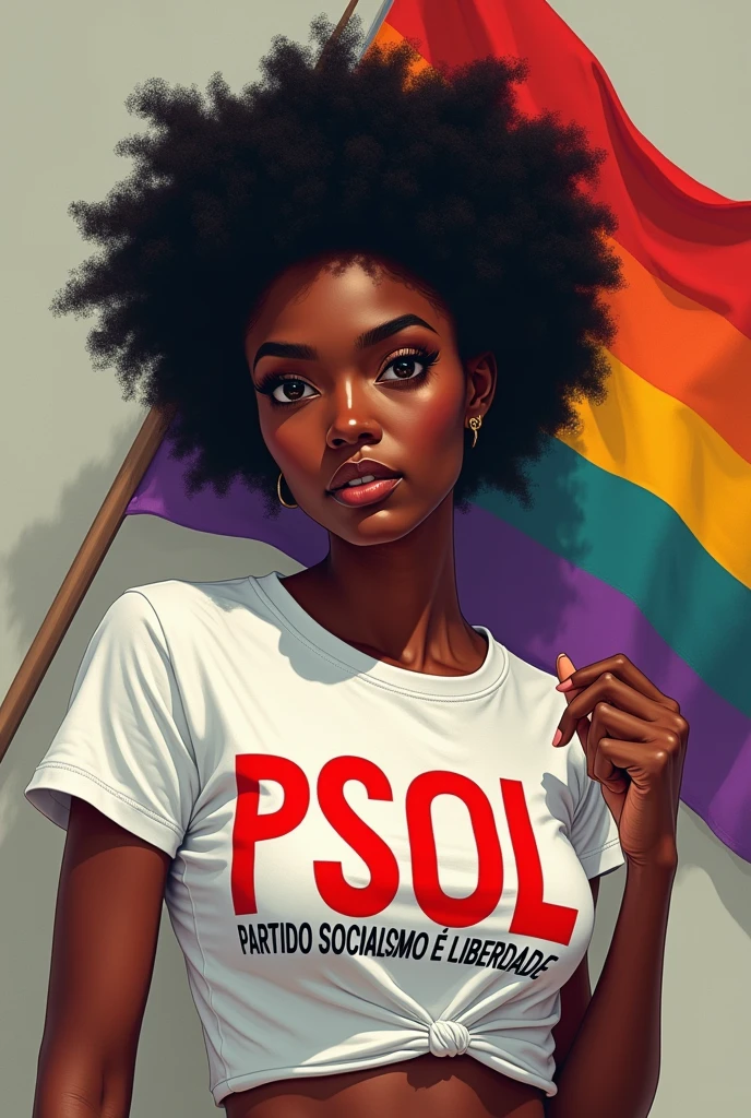Non-realistic drawing of a black woman, cabelo cacheado e curto, wearing a PSOL shirt and holding a lesbian visibility flag