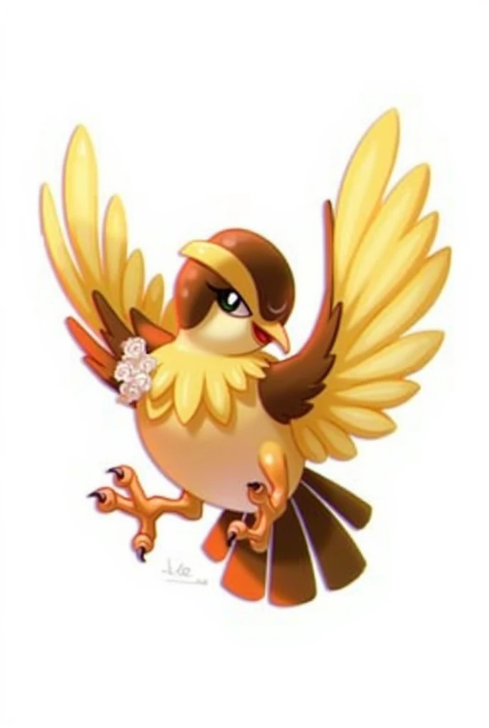 painting of a bird with yellow and brown head and wings, In its beak it carries a white rose, Pidgey, fearow, pokemon illustration, pokemon art style, Aves f CGsociety, by Ken Sugimori, pokemon style, Pokemon Concept Mystery, pokemon style lindo, type of fire, by Eddie Mendoza, similar a pokemon, ken sugimori art, new pokemon, Ground-type Pokémon