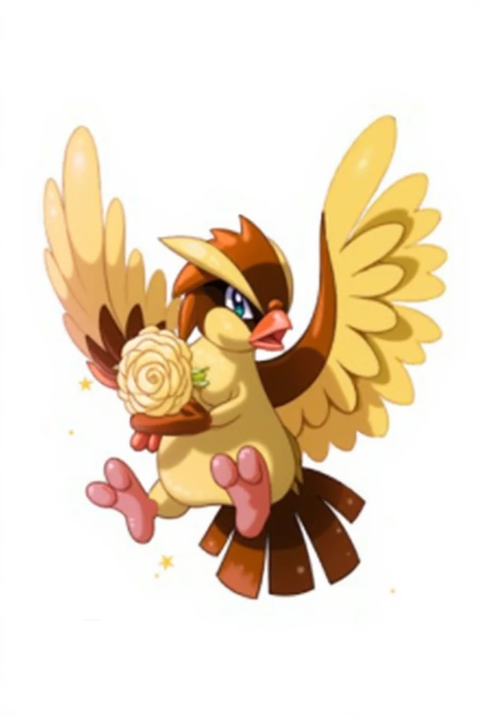 painting of a bird with yellow and brown head and wings, In its beak it carries a white rose, Pidgey, fearow, pokemon illustration, pokemon art style, Aves f CGsociety, by Ken Sugimori, pokemon style, Pokemon Concept Mystery, pokemon style lindo, type of fire, by Eddie Mendoza, similar a pokemon, ken sugimori art, new pokemon, Ground-type Pokémon