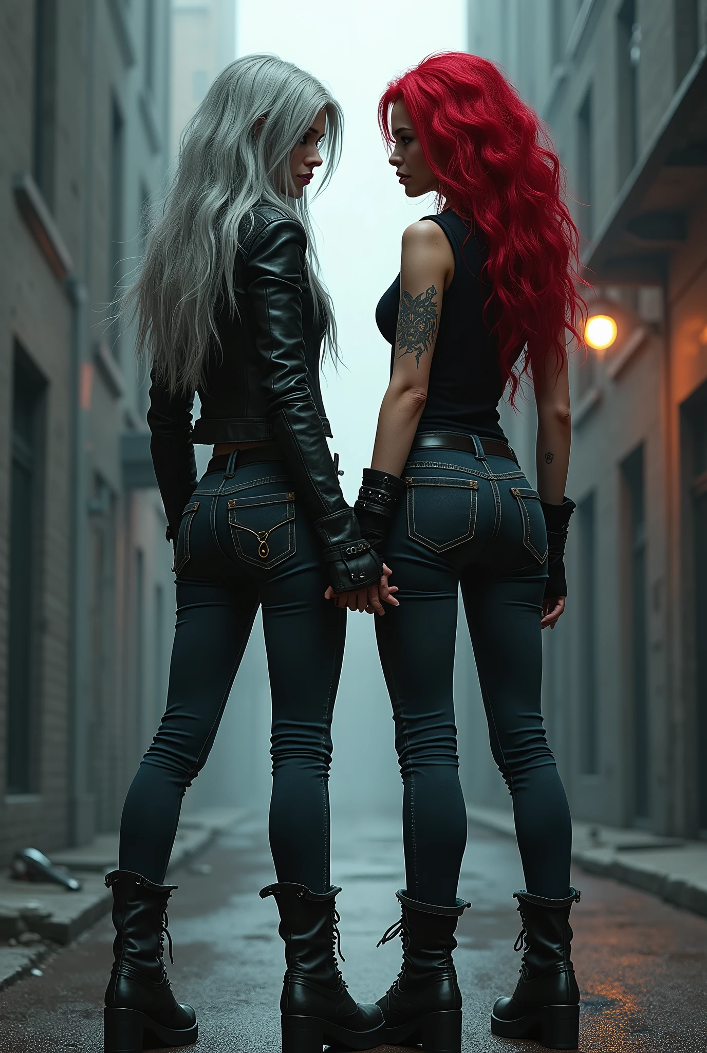 Hard Locker、Heavy Metal、Two bad girls、A tall, beautiful girl with long legs、Beautiful buttocks、Back view、Side by side、Disrespectful attitude、Leather jacket、Light grey tight denim、Black skinny pants、Hard Leather Boots、Silver Hair、Red Hair、Armament、Dispute、Dark big city backstreets、Suspicious atmosphere、sunglasses、Tattoo