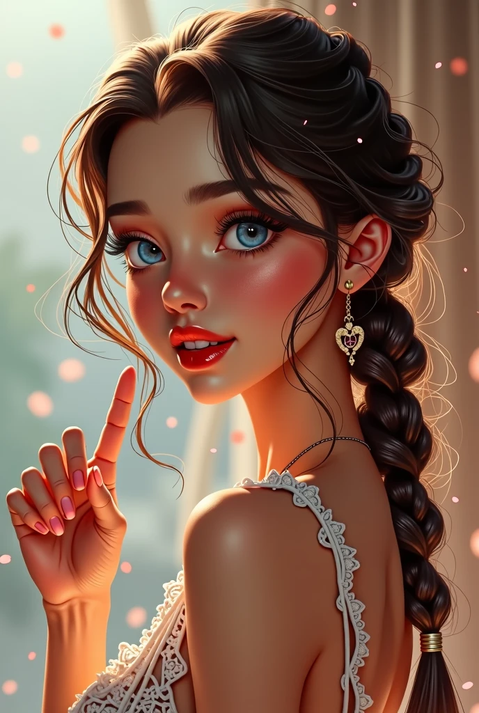 1 fille, Solo, Cheveux Longs, Résolution Haute, Tresse, Gros seins, Boucles d'Oreilles, Sourire, Yeux bleus, Lèvres Entrouvertes, Heureux, Pincement de Joue, Excité, De Côté, Flou d'arrière-plan, Réalisme,