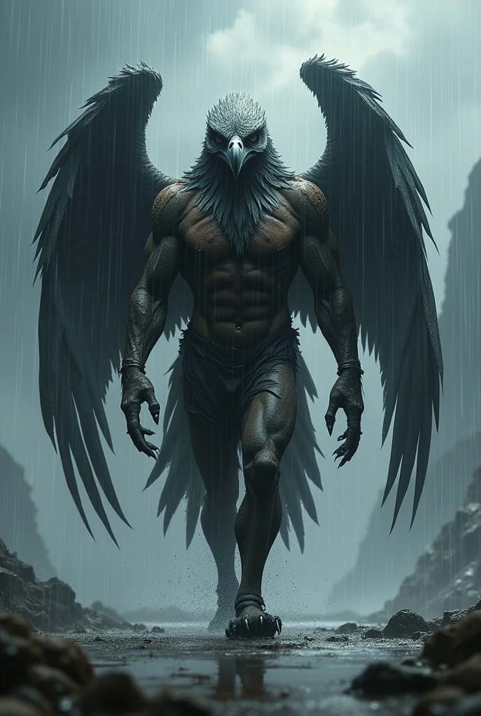 Eagle man walking in the heavy rain 