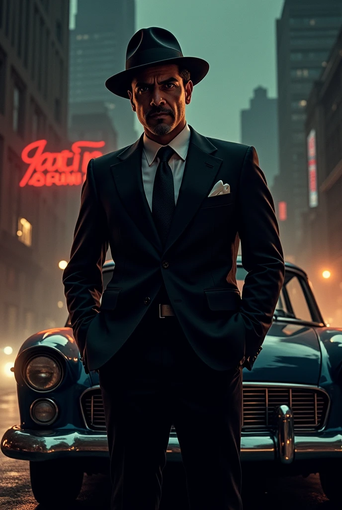 Jatin Dhami" in a bold, vintage gangster font, with a dark city backdrop, a fedora hat, and a classic car.