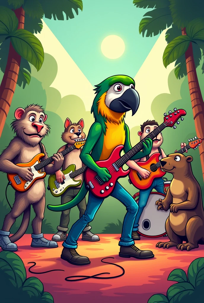 A cartoon style drawing of a rock band formed by a white-fronted spider monkey drummer (ateles marginatus), puma (Cougar) guitarist, a yellow-throated alligator (caiman latirostris) tecladista, capybara (hydrochoerus hydrochoerus) bass player and a macaw (guaruba guarouba) vocalist. 
