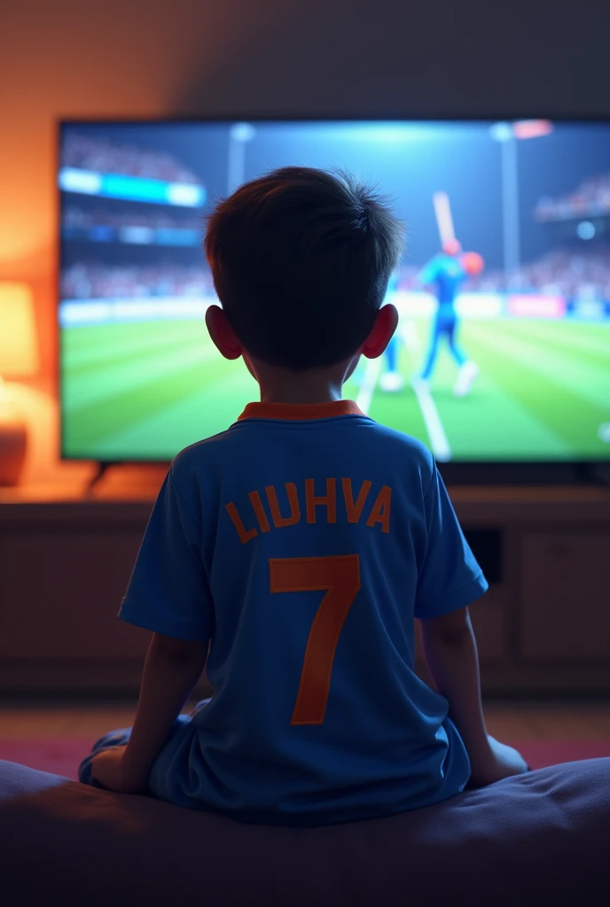A boy sitting in front of tv and watching cricket match wearing india jersey and prince ladhva name
7 number on his jerswy