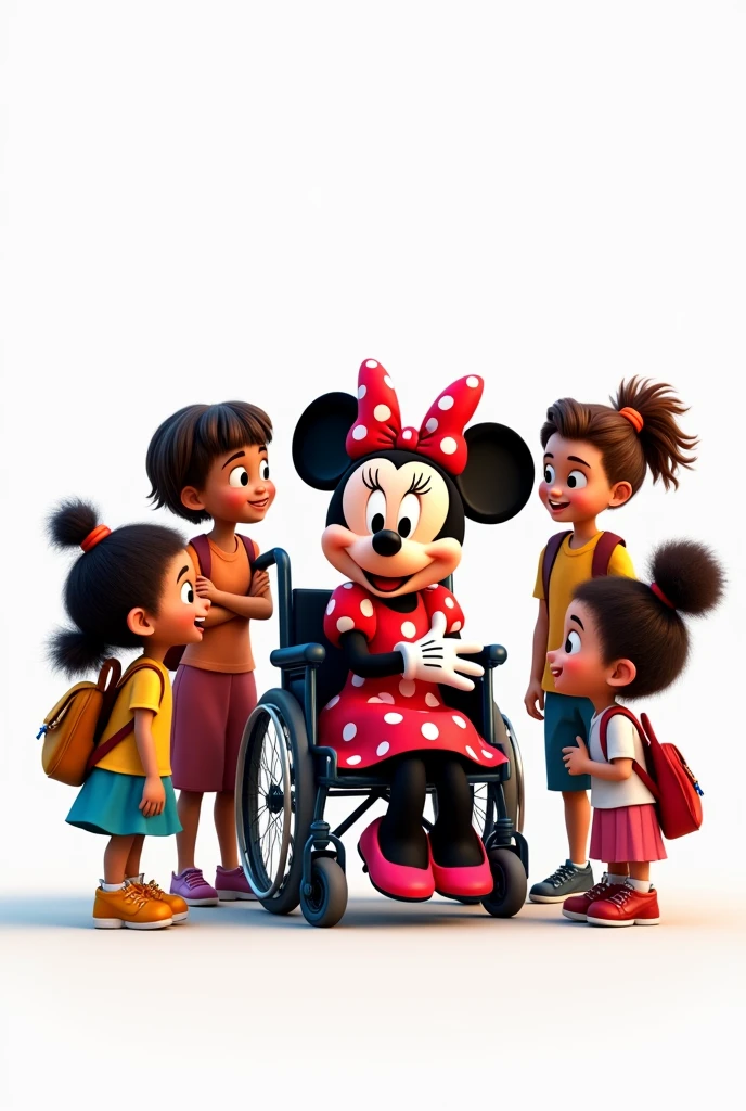 draw for me Minnie Mouse Disney in a wheelchair with children feeling included among them books backpacks Disney Pixar style with white background full image without cutting any character