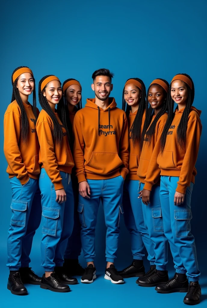 Create a full body eight beautiful Thai's women's smiling wearing a brown hoodie and blue cargo pants with brown headband and black beautiful adidas shoes, black long braids hairstyles and also 1 handsome man wearing a brown hoodie and blue cargo pants black beautiful shoes standing dark blue background and the background has black written " Team fhyrrah " looking at the camera. Photography