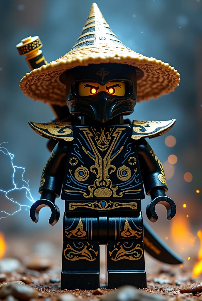 Créer moi un lego ninja go avec 4 bras en or le premier maitre du spijisufuturiste de la dernière puissance dimensionaire et doit être en lego un ninja avec un chapeau de paille pointu en noir sur la tête avec un casque de couleur or profond et doit avoir un petit bandeau autour de la bouche en or et avec une peau sombre ???? et il faut des traces d’électricité jaune et bleu foncé dans le visage et un regard terrible de noirceur avec des yeux ridé en argent fonce profond brillant avec une puissance incroyable avec comme puissance élémentaire l’électrique, l’énergie, la terre, le feu, la glace. Les habits du ninja doit être tout noir avec des traces grise anthracite, bleu foncé et golden suprême et fer anthracite avec des reure en forme d’électricité bleu clair et jaune brillant et des écritures japonaises et le parchemin antique sacré le plus puissant en golden. Un ninja imbattable monstrueux beaucoup trop puissant qui contrôle tous les pouvoirs élémentaires. Le ninjadoit être destructeur et soif de victoire un gentil et mechant avec un sabre dans le dos