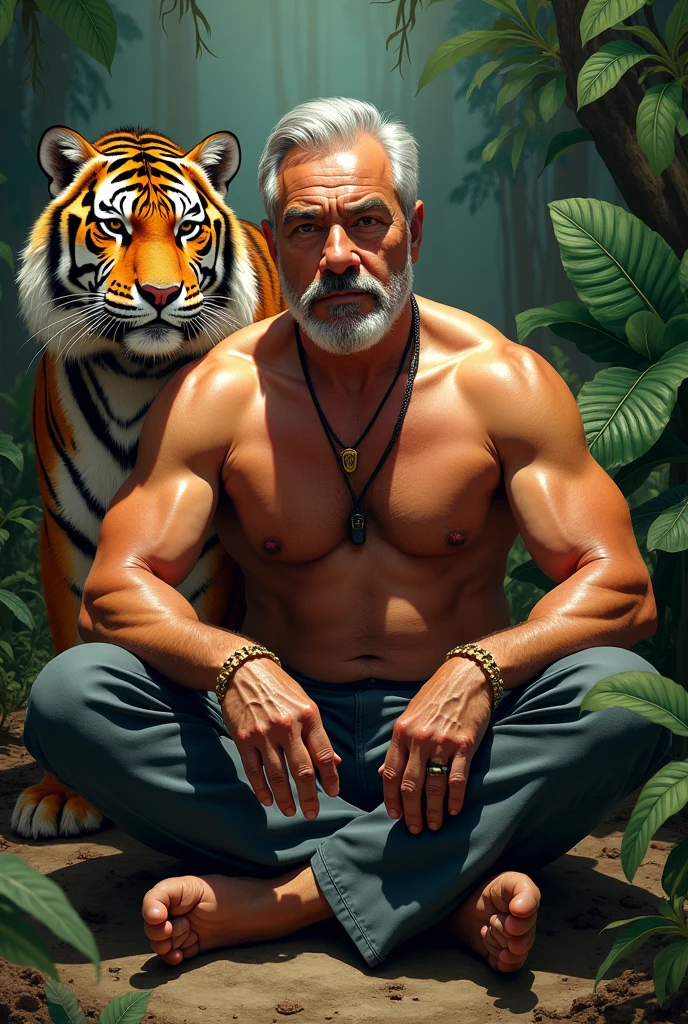 AMLO shirtless sitting with a tiger tied to a chain Make the gentleman look more like Andrés Manuel López Obrador 