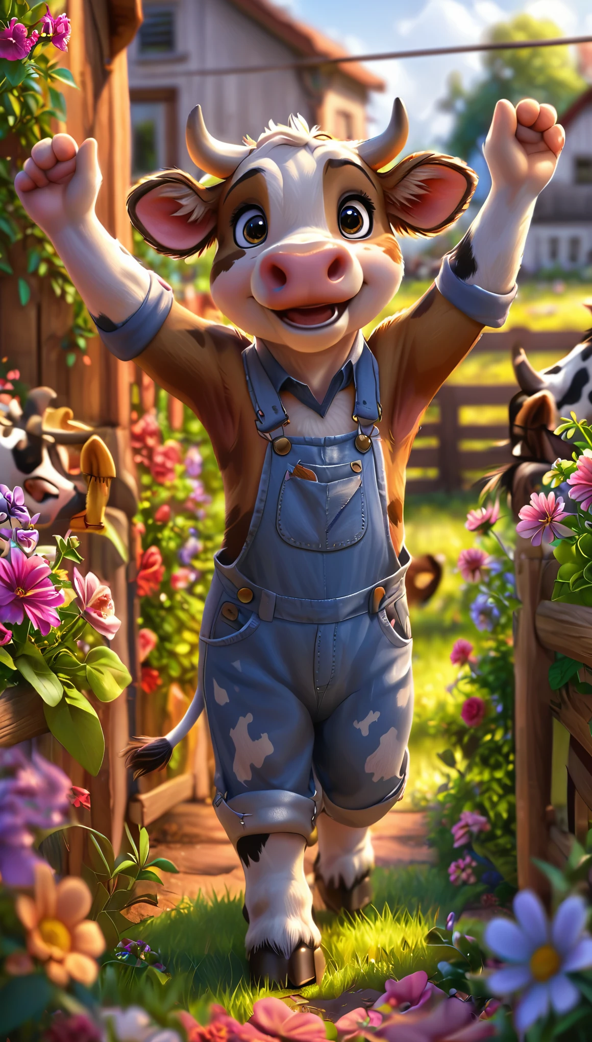 cute cow, cartoon , clothes, arms up, hands ,cute eyes, looking at viewer, cow ears, fence, lean, realistic, flowers, full body