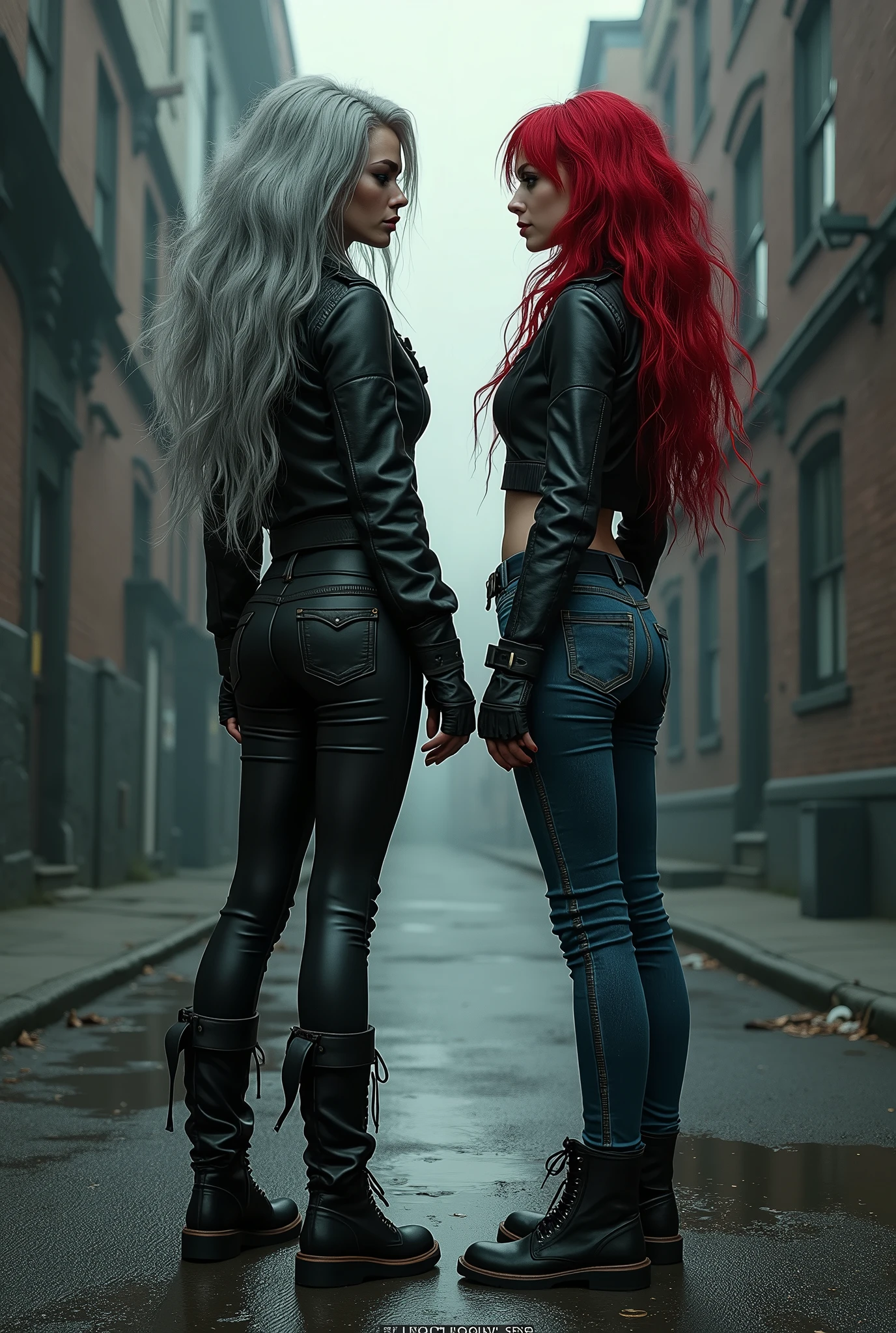 Hard Locker、Heavy Metal、Two bad girls、A tall, beautiful girl with long legs、Beautiful buttocks、Back view、Side by side、Disrespectful attitude、Leather jacket、Light grey tight denim、Black skinny pants、Hard Leather Boots、Silver Hair、Red Hair、Armament、Dispute、Dark big city backstreets、Suspicious atmosphere、sunglasses、Tattoo