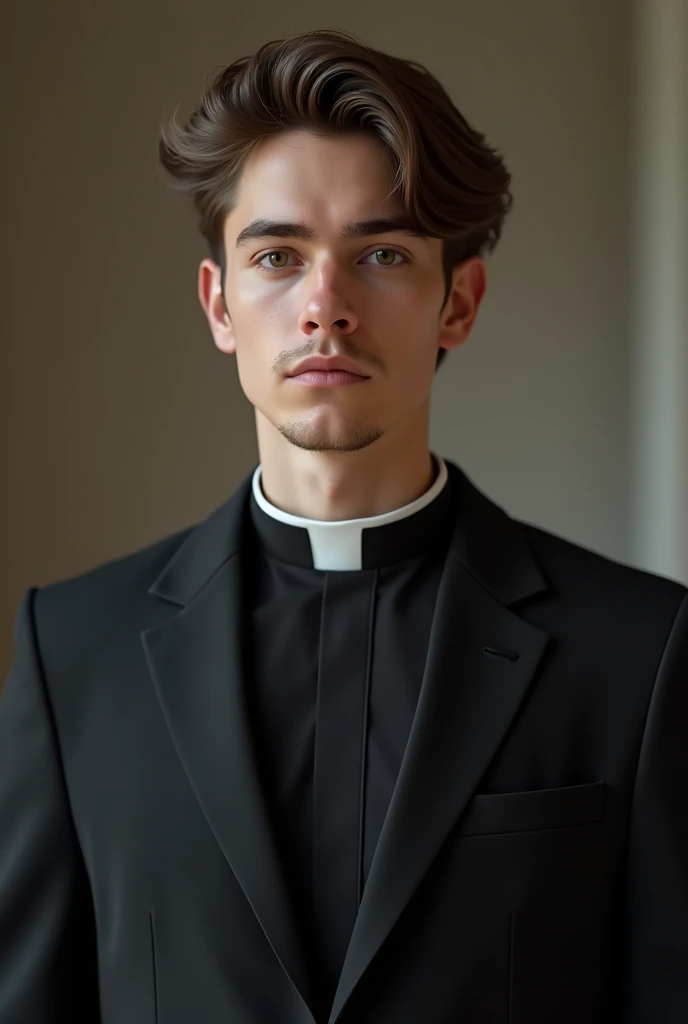 a young man of about twenty-five years old, Brown hair, Brown eyes, Tez blanca, clean-shaven and fine-featured, in a black suit and with a realistic priest&#39;s collar