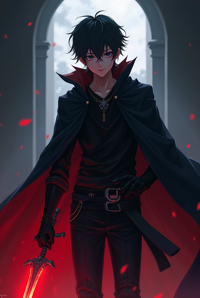 Generate an anime-style character with shadow powers, Youngh, naughty man, wears a cape and a dagger with a red aura, dark eyes, has an average physical build, He has , and he is Half-Elf