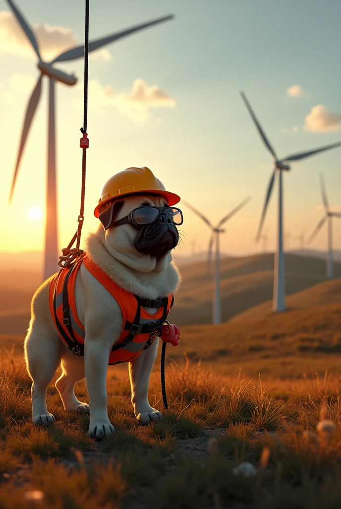 a pug dog rigging engineer at a wind farm