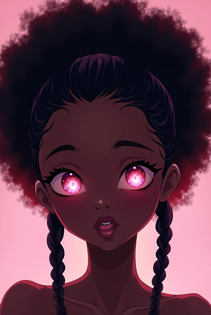 Solo, , Lueur dans les Yeux, yeux roses, cheveux afro attaché en 2 tresses,Cheveux Brillants, , peau de couleur noire ,style anime minimaliste,Tresses Jumelles, Lécher les Lèvres, 