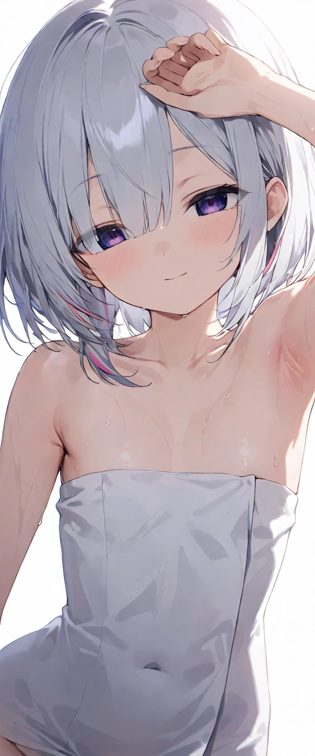 short girl, masterpiece, highres, solo, 8k, detailed, perfect face, best quality, (ultra high quality), looking viewers, (armpit), collarbone, bare arm, medium breast, cleavage, kemomimi, wolf ears, gray hair, short hair, blue eyes, belly, stomach, navel, abs, naked, nude, nipples, pink nipples, slim body, thighs, emotionless, flat face, hands up